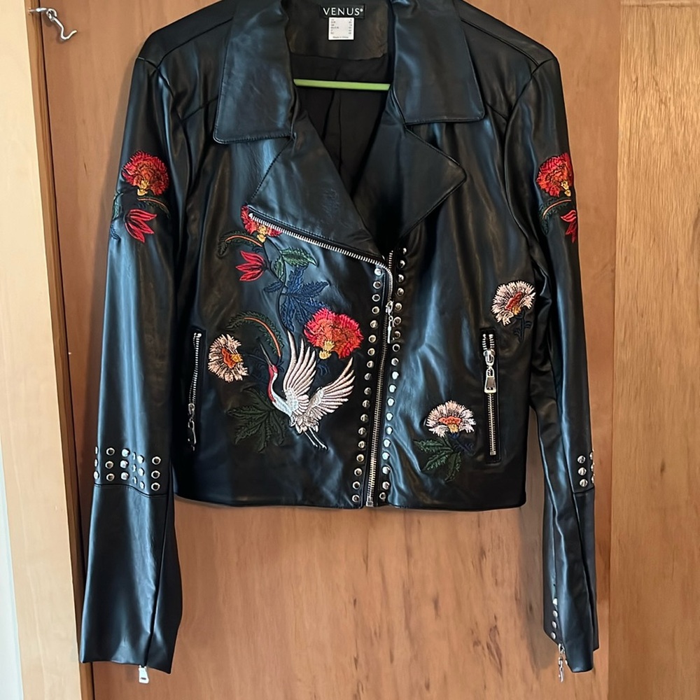 Faux leather embroidered size 8 moto jacket